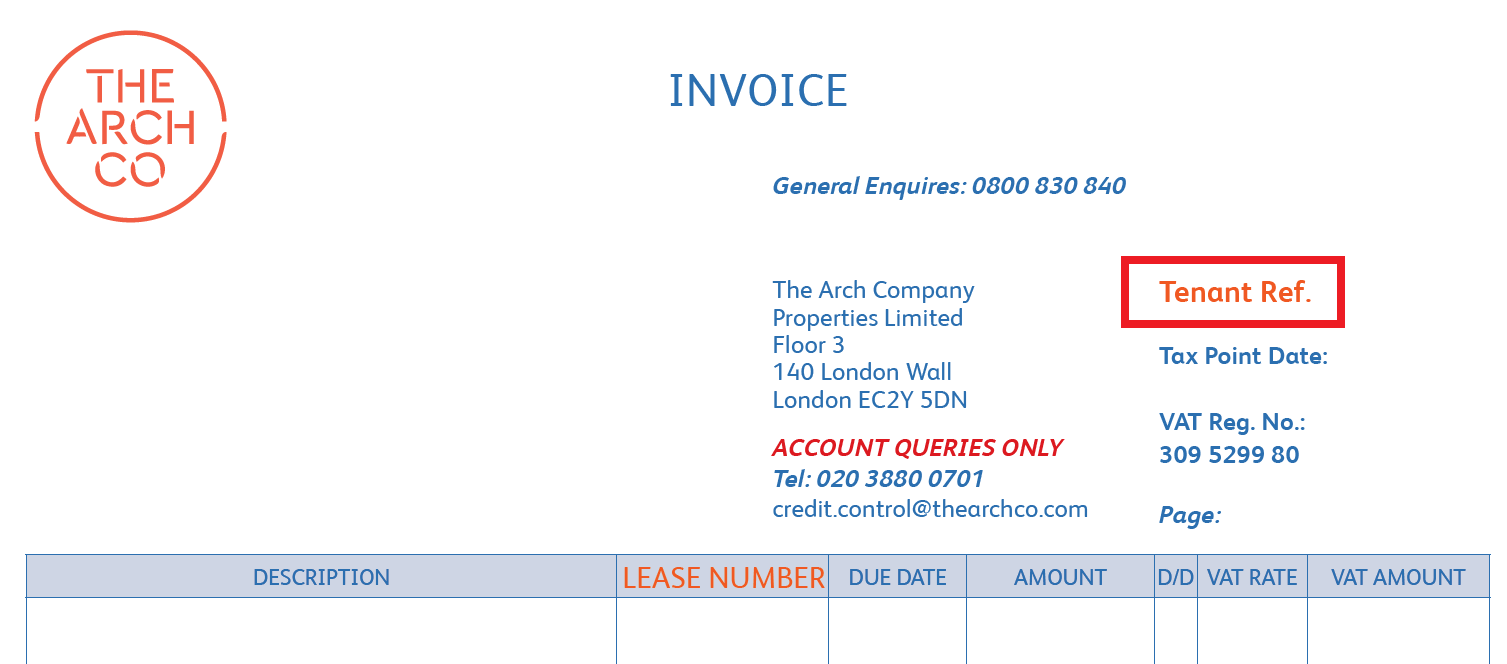 Example invoice showing Tenant Ref Number